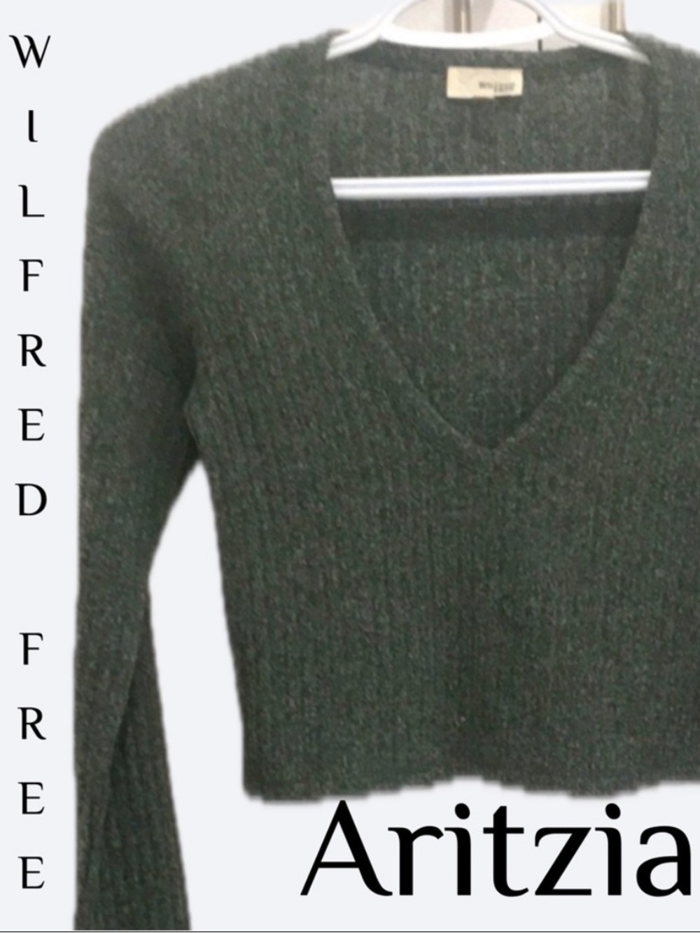 Wilfred Free Aritzia Gray Rib Knit Cropped Sweater V-Neck Top Small
